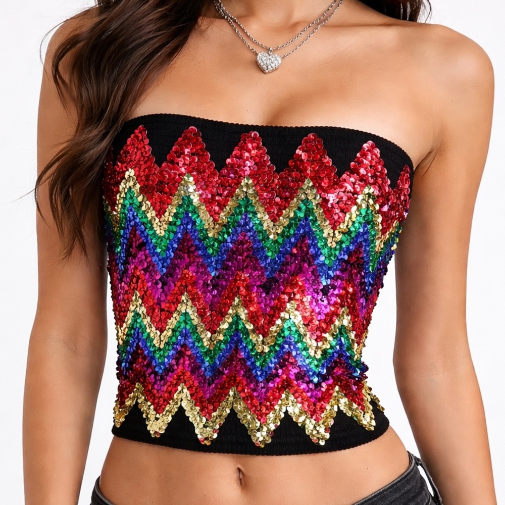 Sequin Chevron Strapless Tube Top - Rainbow